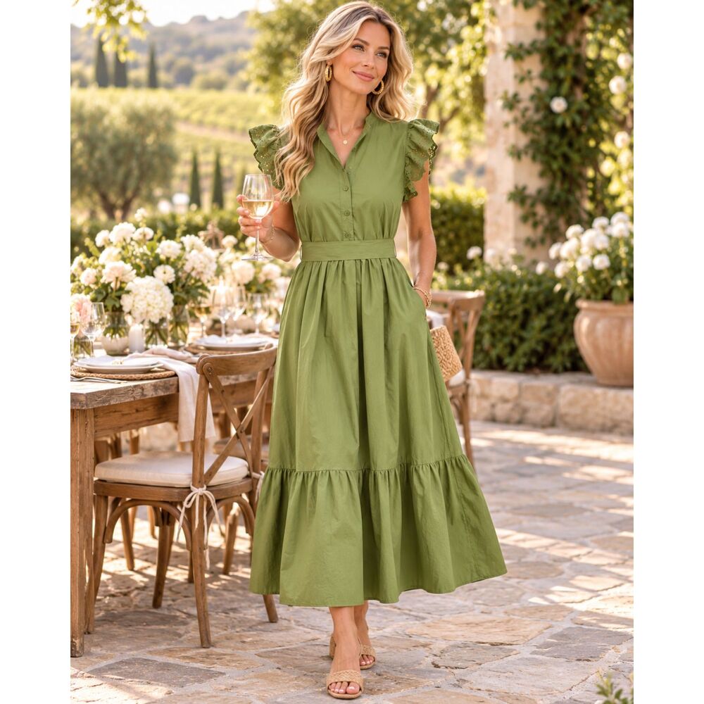 Who What Wear Green Cotton Midi Dress Womens Small Eyelet Ruffle Sleeve NWT